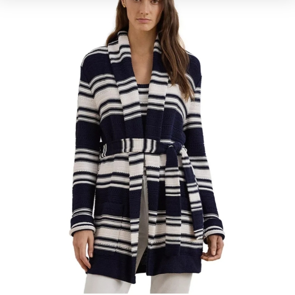 Lauren Ralph Lauren Navy Blue And White Striped Knit Open Front Cardigan NWT